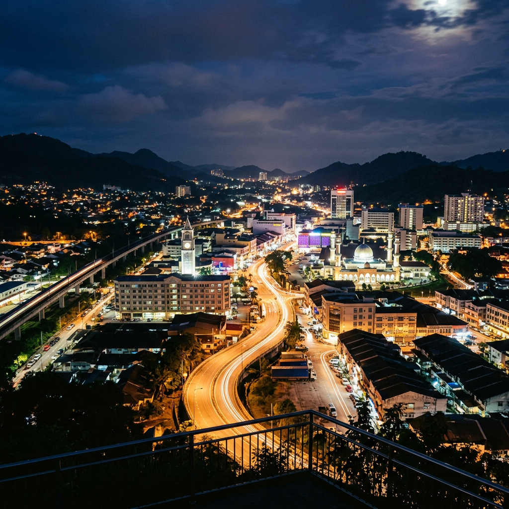 Illuminated mountain city at night viewed from an elevated balcony