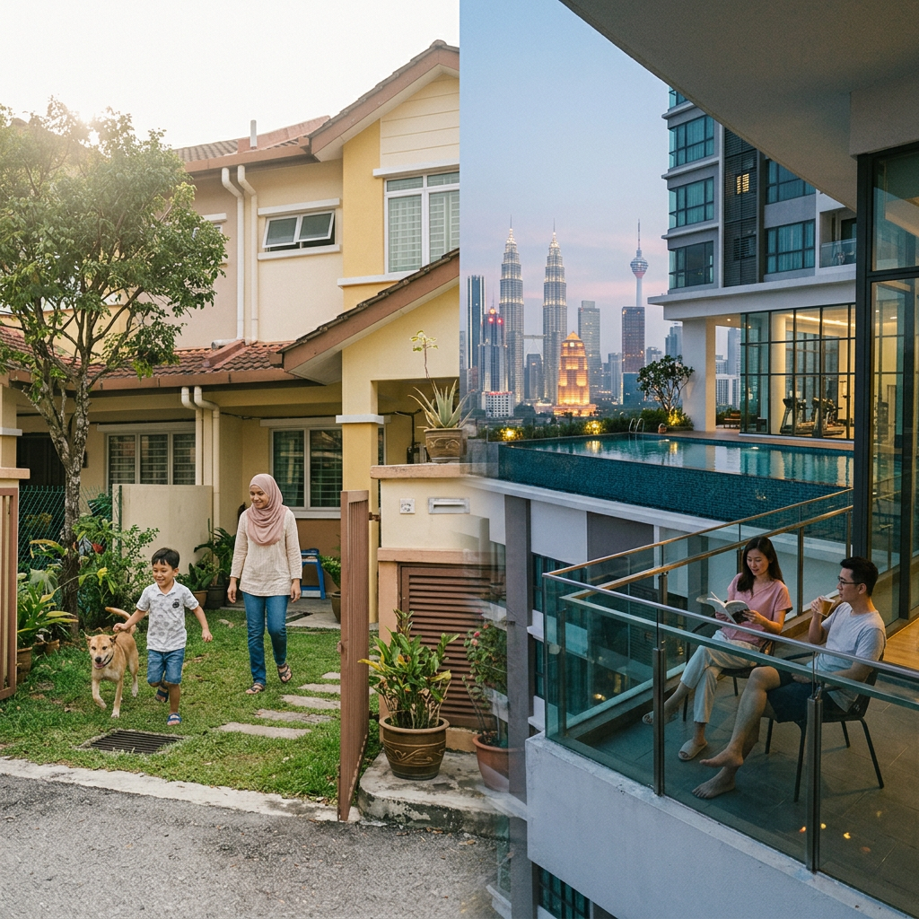 Split image contrasting a family home and Kuala Lumpur condominium lifestyle